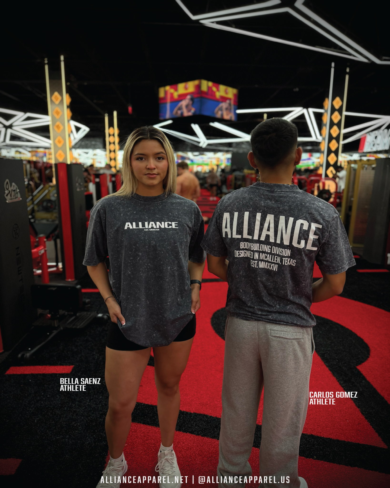 ALLIANCE athletes Bella Saenz and Carlos Gomez wearing the in-stock Acid Gray Foundation pump cover